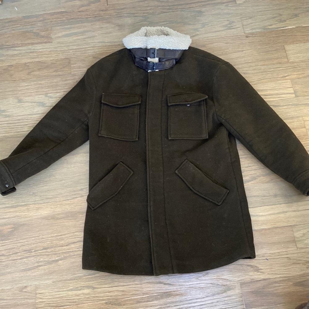Zara Wool Blend Insulated Coat with Sherpa Collar Size Small